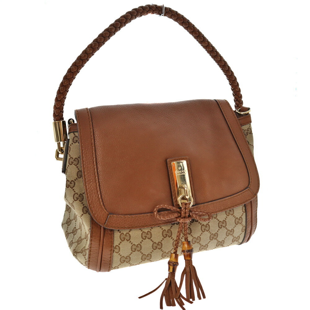 Gucci Tote Shoulder Bag Brown Beige GG Guccissima Bamboo Tassel